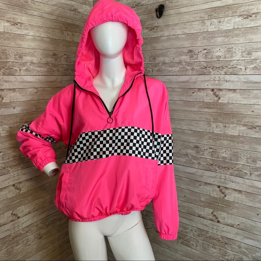 Neon windbreaker checkered hoodie pockets L